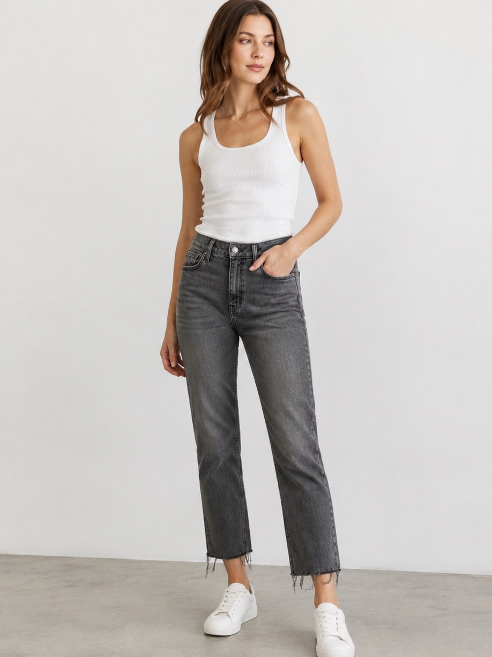 Hudson Heidi High Rise Straight Jeans Gray Raw Hem Size 27